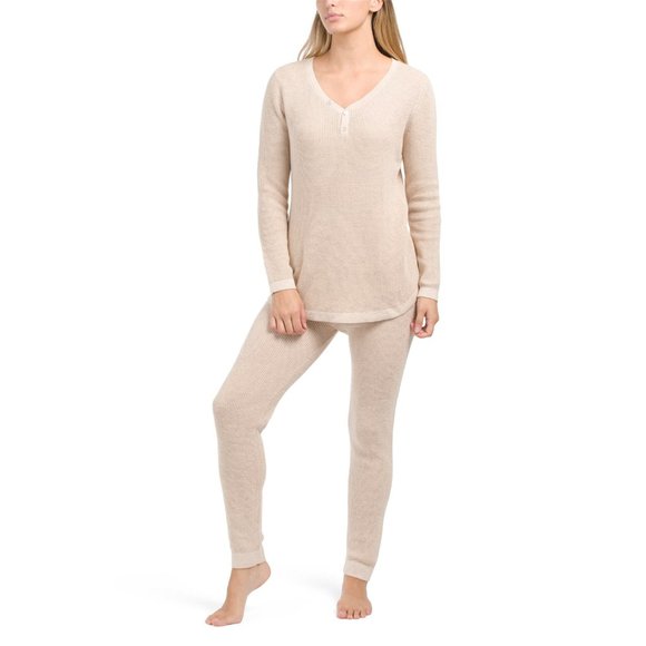 NWT Tahari Cotton-Cashmere Waffle-Knit Lounge Set-Long Sleeve  Heather Fog 769sn - Picture 4 of 4
